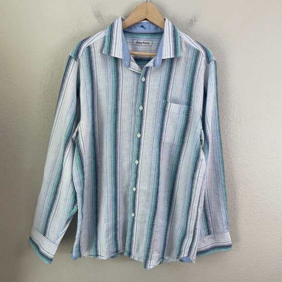Tommy Bahama Other - Tommy Bahama Mens Large Stripe Linen Blend Button Up Shirt Long Sleeve Vacation